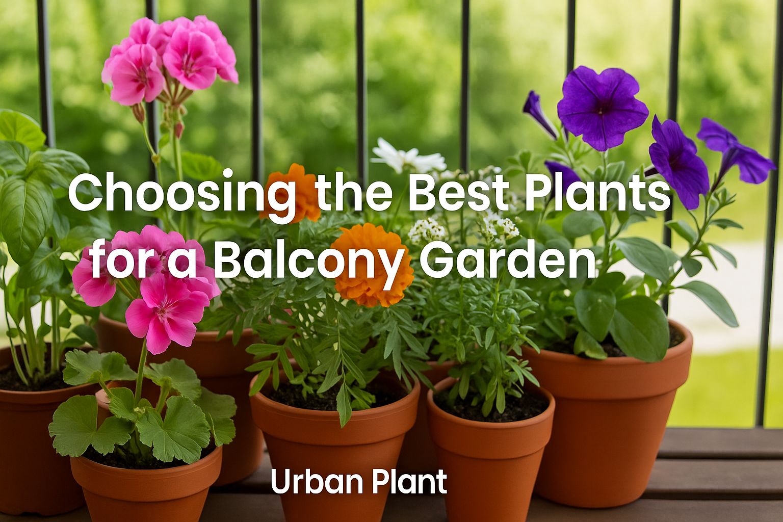 colorful balcony garden plants like basil, geranium, marigold, and petunia in terracotta pots — Urban Plant